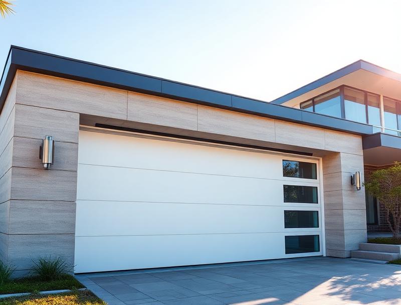 Contemporary modern garage door with glass panels
